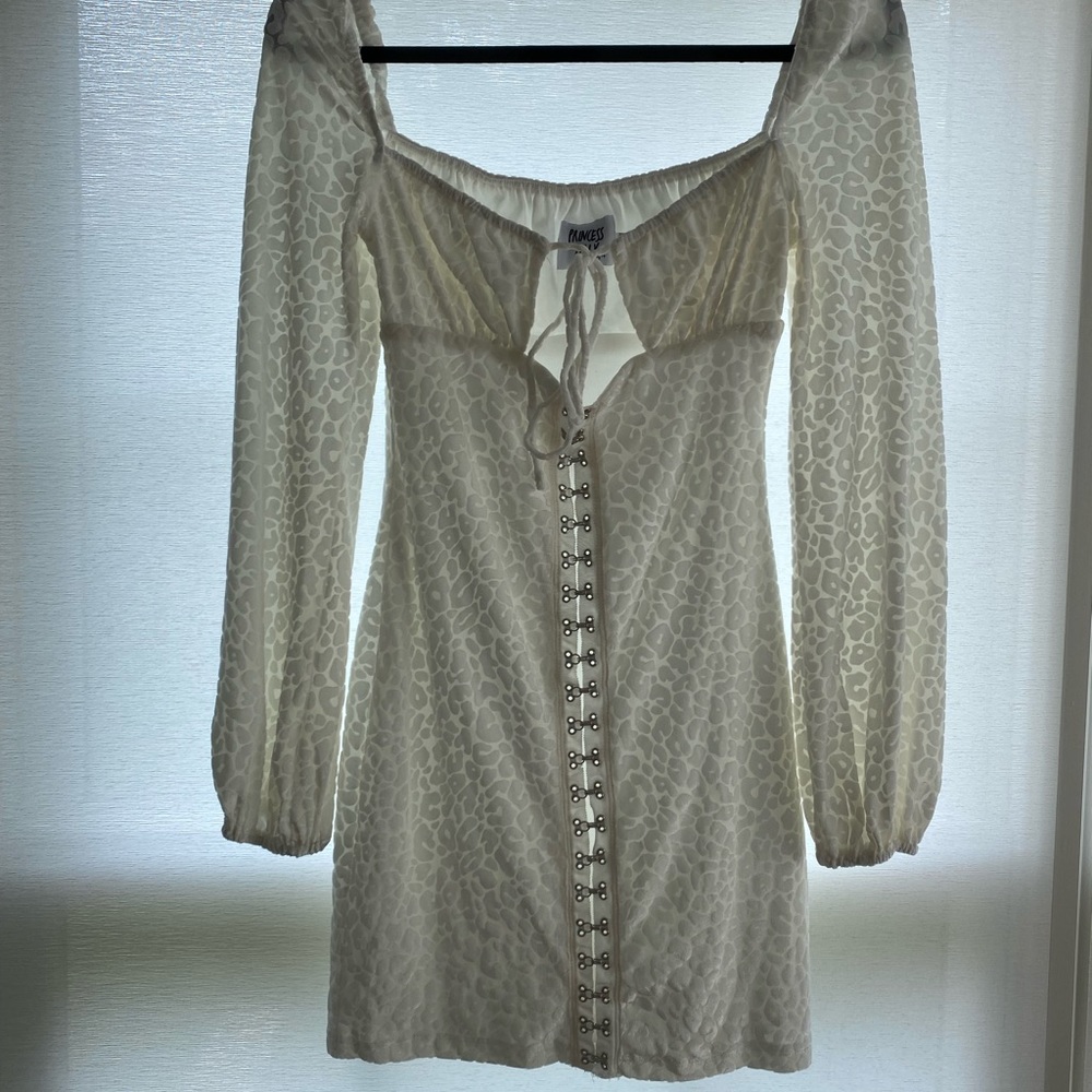 White Textured Long Sleeve Tie Front Mini Dress